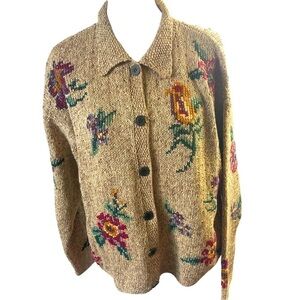 Bushwacker Ramie Cotton Cardigan Women L Oatmeal with Multicolor Floral